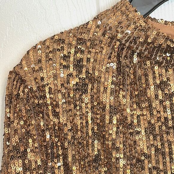 Cable & Gauge | Gold Sequin Puff Long Sleeve Mock neck Keyhole Blouse Shirt - Picture 3 of 16
